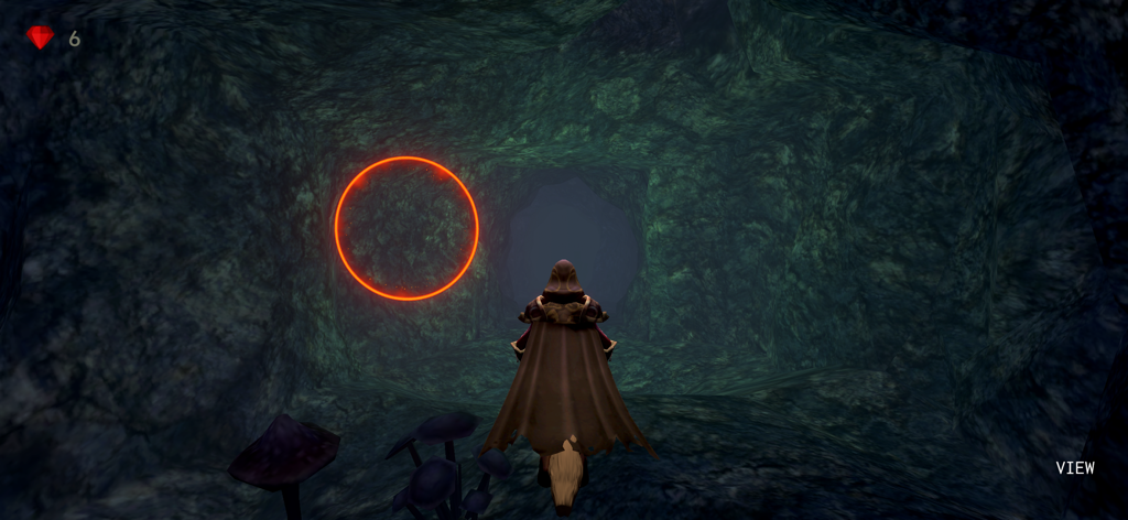 Broom Race - Um bruxo voando em uma vassoura através de uma caverna escura em direção a um anel laranja brilhante no jogo Broom Race