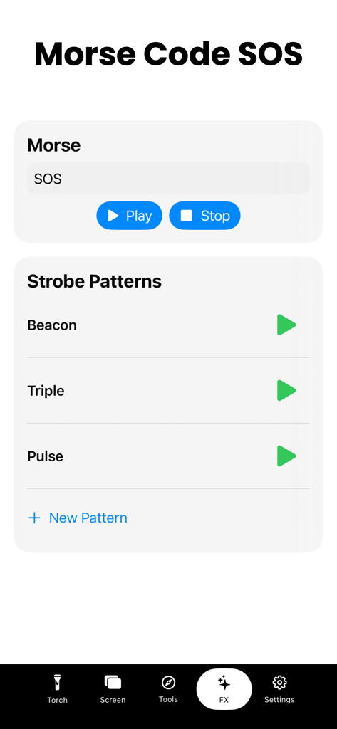 Flashlight - Bright LED Torch - Oberfläche für Morsecode-SOS-Signalisierung und Stroboskoplichtmuster-Einstellungen in einer Taschenlampen-App