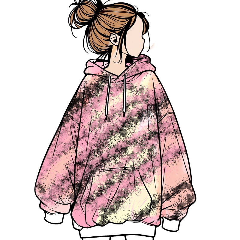 realistic girl with a oversized sweatshirt on and a bun