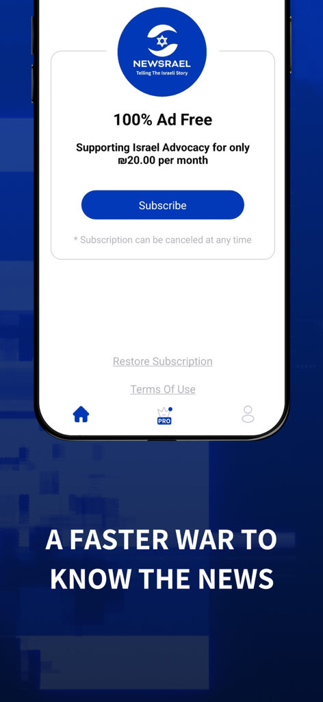 Newsrael - Israel News - Newsrael app subscription page for an ad-free experience and Israel advocacy support