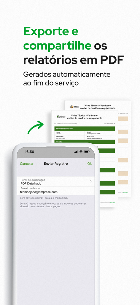 Produttivo: Ordem de Serviço - Smartphone screen showing the export and sharing of professional PDF service reports