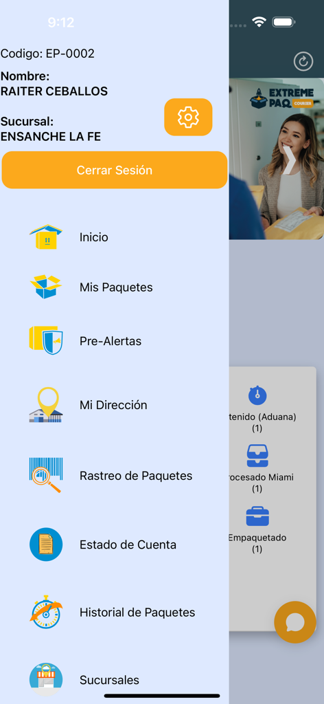 Extreme Paq - Side navigation menu for Extreme Paq courier app featuring options for package tracking alerts and branch locations
