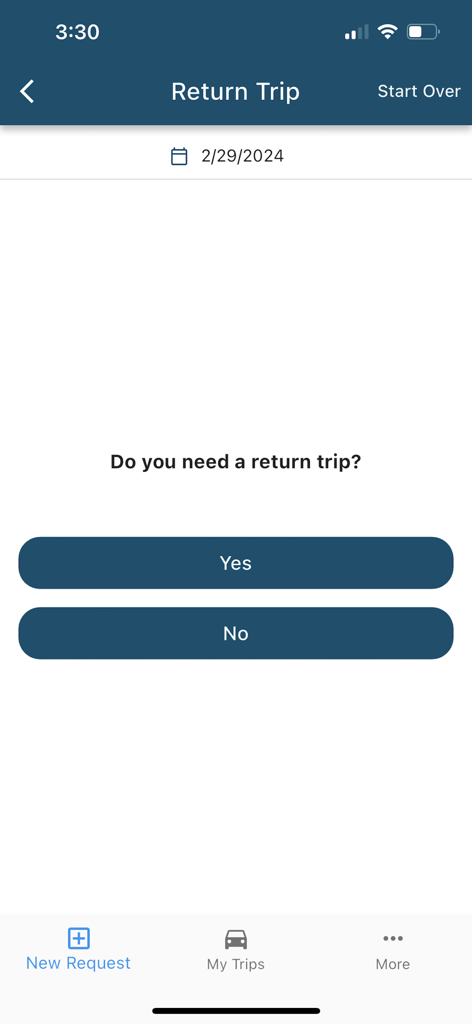 MTM Link Member - MTM Link Member app screen asking if a return trip is needed for a medical appointment