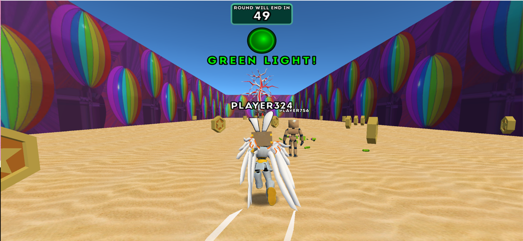 Obby Online Parkour World - A winged avatar running through a colorful online obstacle course during a green light round.