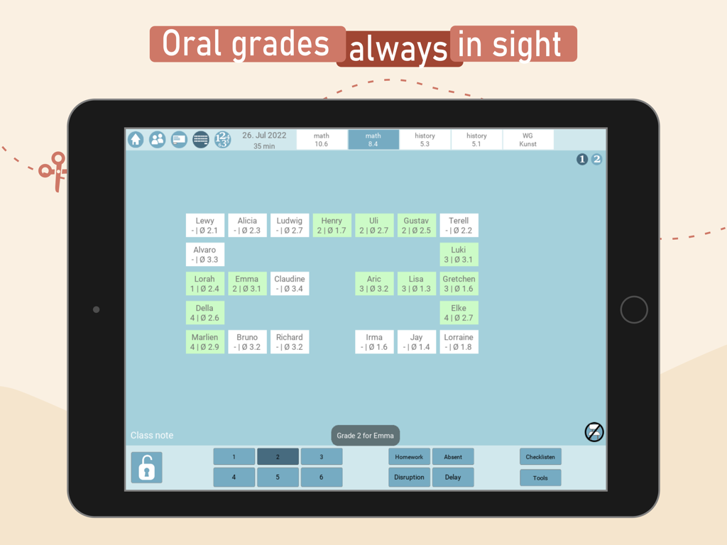 Teachers EasyNote - Teachers EasyNote iPad app showing a visual classroom seating chart for tracking student oral grades and participation