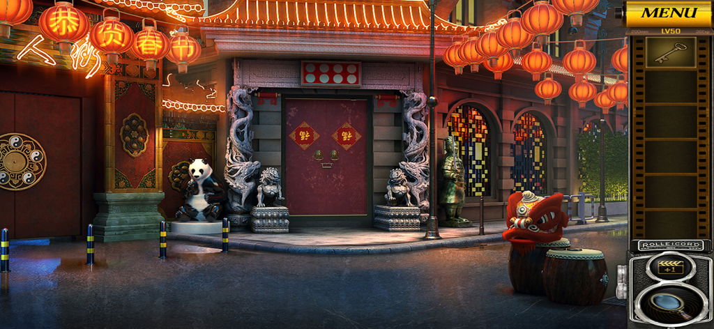 Escape Room:Adventure Traveler - Uma cena de quebra-cabeça detalhada em uma rua temática chinesa com lanternas vermelhas, estátuas de dragões e uma figura de panda no jogo Escape Room Adventure Traveler