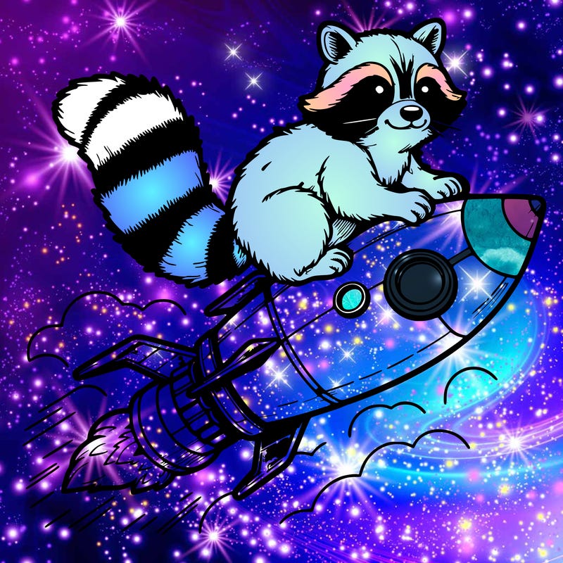 realistic raccoon flying on top rocket ship