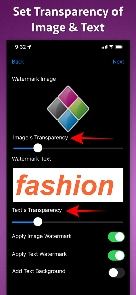 Video Watermarker - Adjusting transparency levels for image and text watermarks on the Video Watermarker app interface.