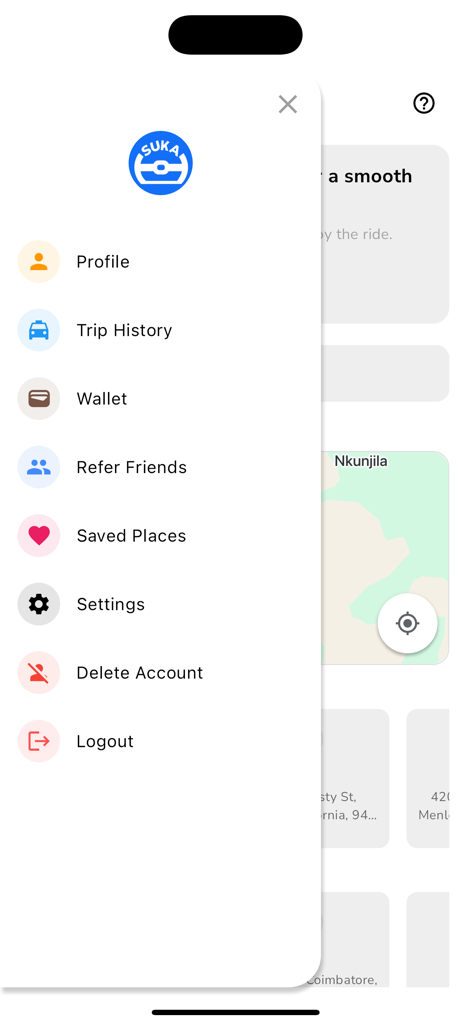 Suka - Suka rideshare app side menu with profile trip history and wallet options