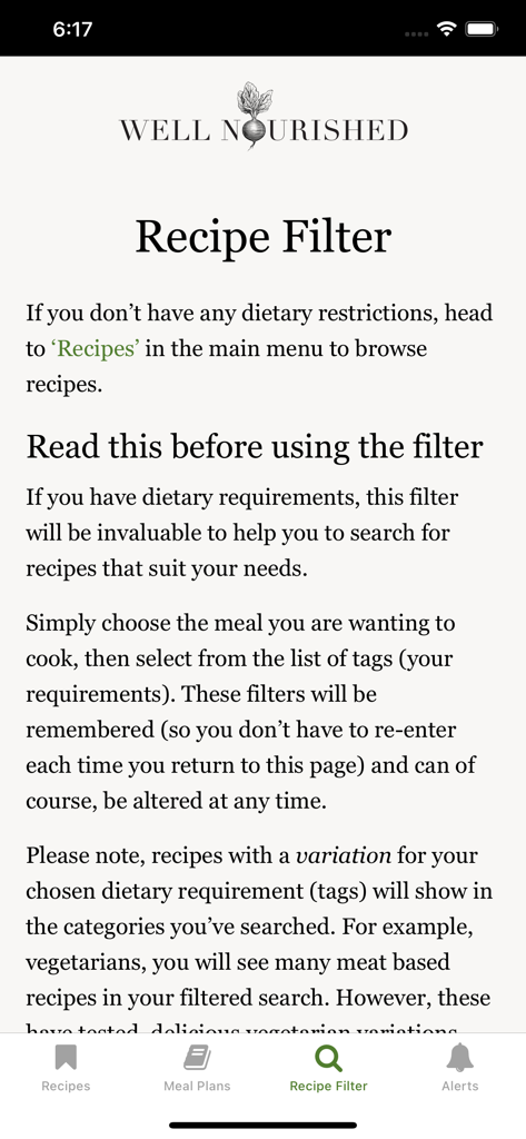 Pantalla de la aplicación Well Nourished que muestra instrucciones de filtro de recetas para requisitos dietéticos