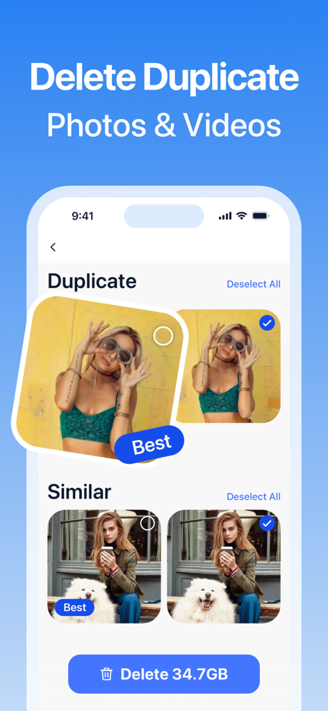 Interface of the Easy Cleaner app showing the feature to delete duplicate and similar photos to free up phone storage space
