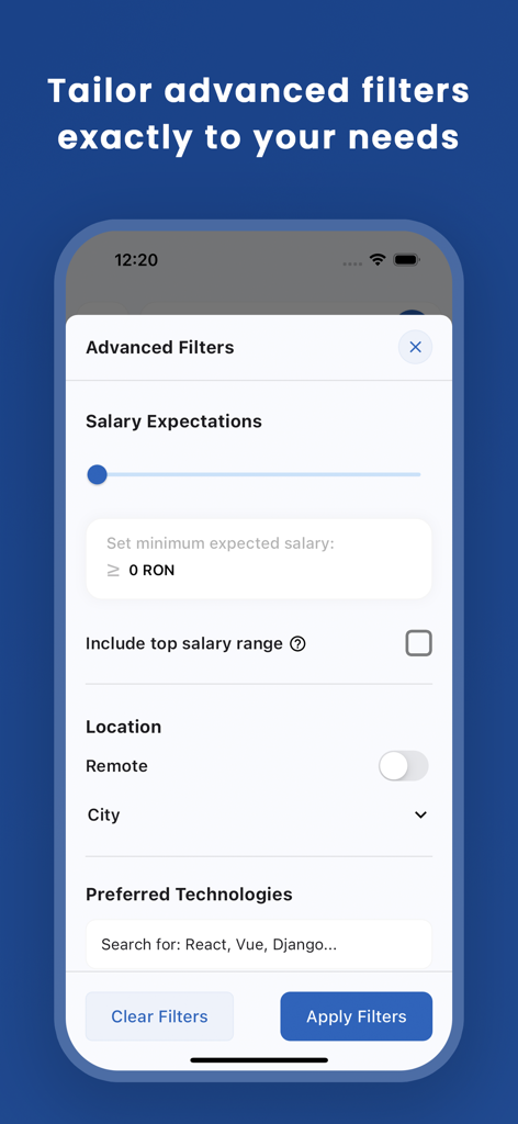 DevJob.ro - Advanced filters interface in the DevJob.ro app showing salary expectations location and technology preferences