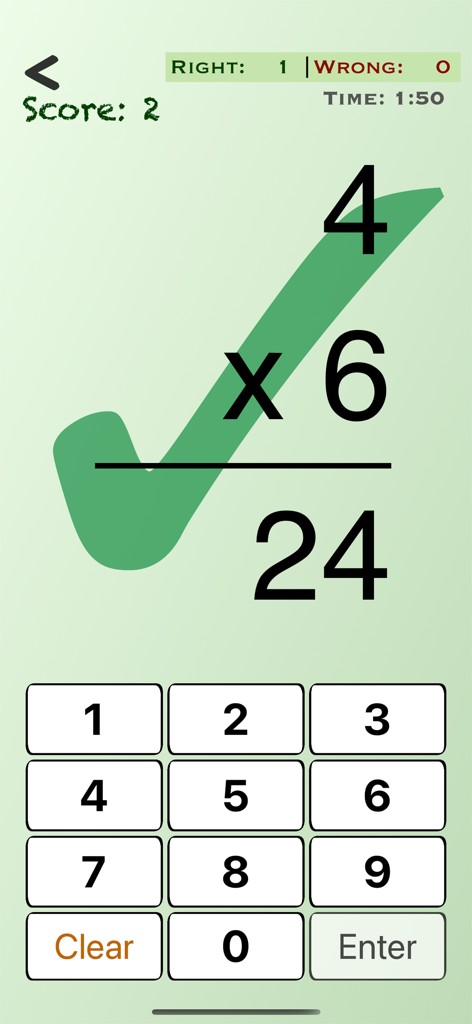 Mental Math Cards Games & Tips - A solved multiplication problem in the Mental Math Cards app with a green checkmark indicating a correct answer