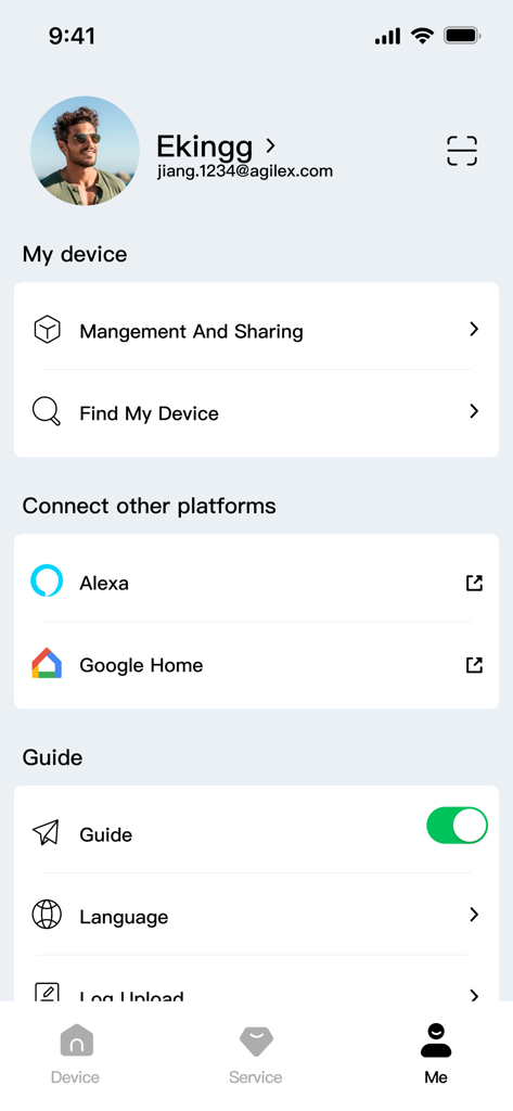 Mammotion - User profile screen in the Mammotion app featuring device management and smart home integration for Alexa and Google Home.