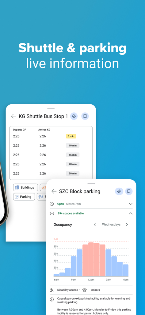 Mobile app screens showing live shuttle bus arrival times and campus parking occupancy levels