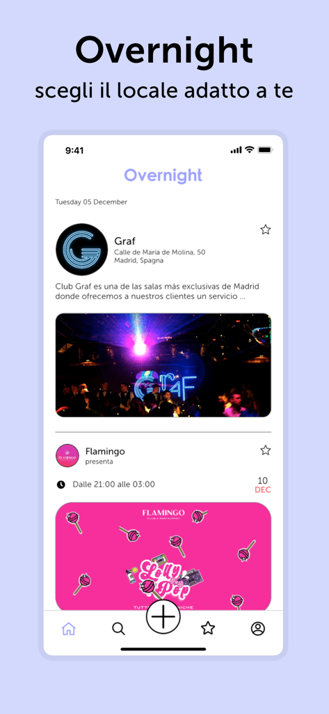 Overnight - La interfaz de la aplicación Overnight mostrando una lista de discotecas y eventos, incluyendo Graf y Flamingo.