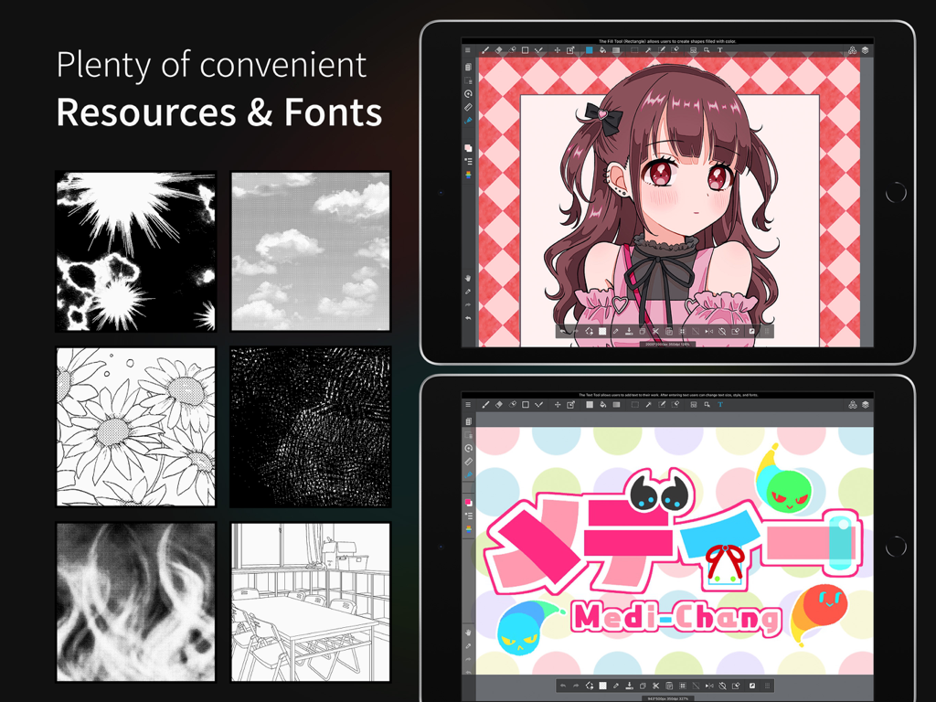 MediBang Paint – Drawing & Art - MediBang Paint app on iPad showing manga art resources and creative fonts