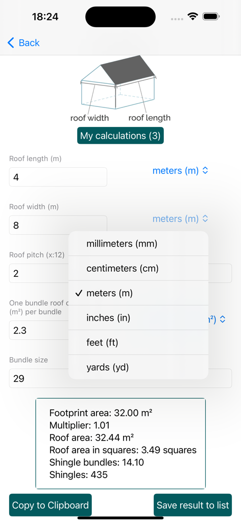 Construction Roofing calc - A screenshot of the Construction Roofing calc app showing roof dimensions and shingle material calculation results