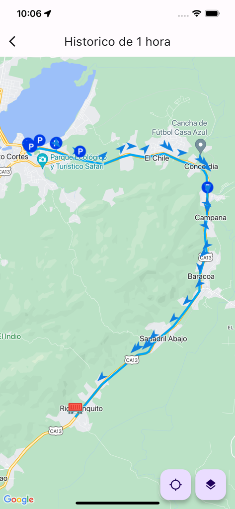 Forza Secure - Forza Secure app displaying a one-hour vehicle route history on a map with direction arrows and parking markers.