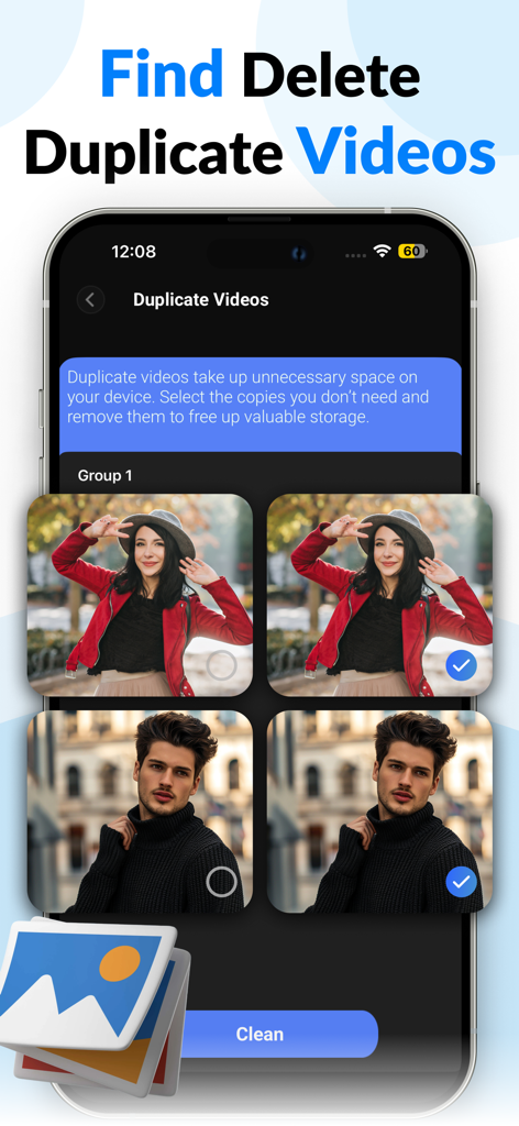 CleanerZ: Clean Phone Storage - Una interfaz móvil para encontrar y eliminar videos duplicados para ahorrar espacio de almacenamiento del teléfono