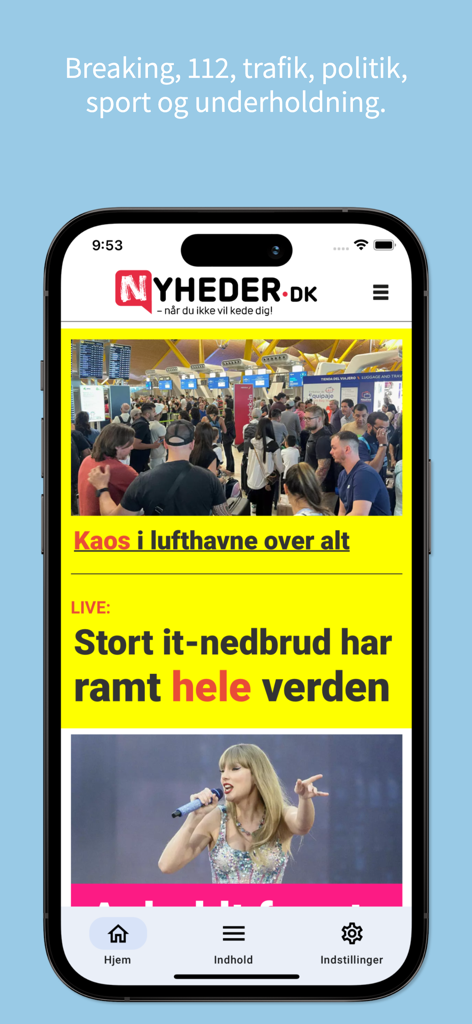 Nyheder.dk - La aplicación Nyheder.dk mostrando titulares y categorías de noticias danesas en un iPhone