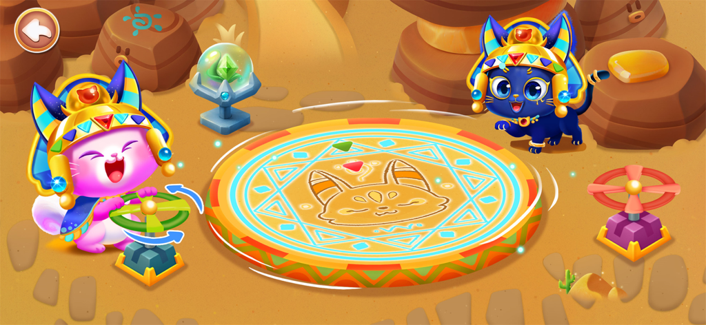 Little Panda's Kitty World - Two kittens in Egyptian pharaoh costumes exploring a desert world with interactive mechanisms.