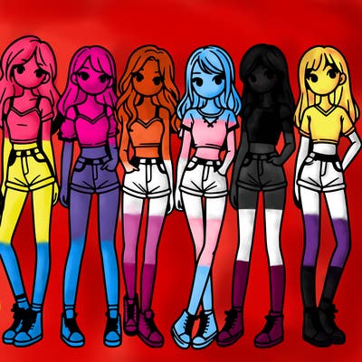 a group of girls wearing crop tops and shorts