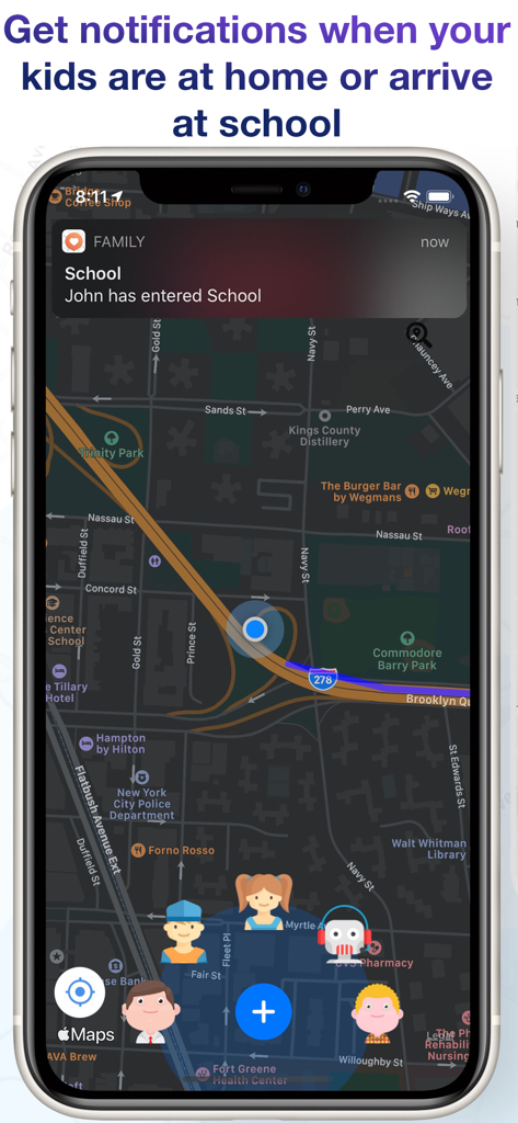 Find Family & Friends Locator - Aplicativo Localizador de Família e Amigos mostrando uma notificação de uma criança entrando na escola em um mapa em tempo real