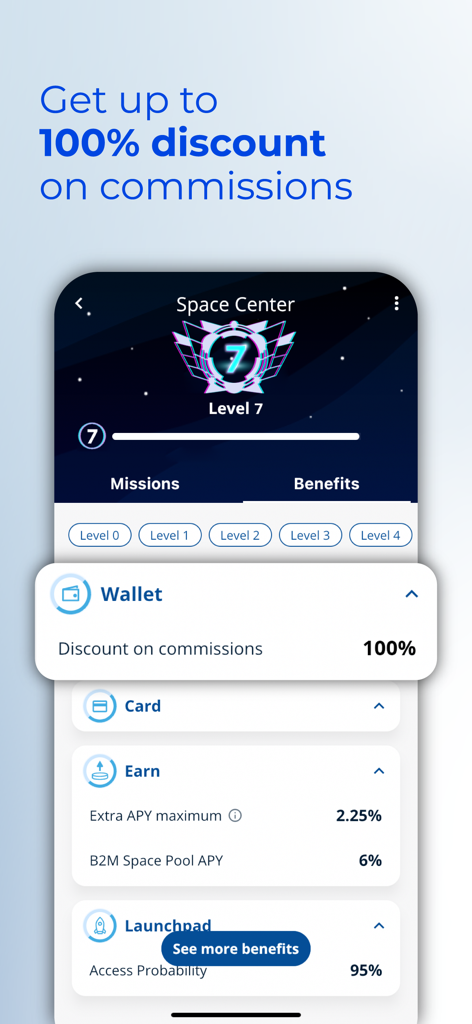 Schermata Bit2Me Space Center con uno sconto del 100% sulle commissioni e ricompense APY elevate