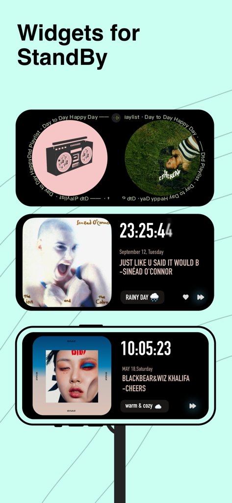 Aesthetic music player widgets for iOS StandBy mode featuring album art and digital clocks