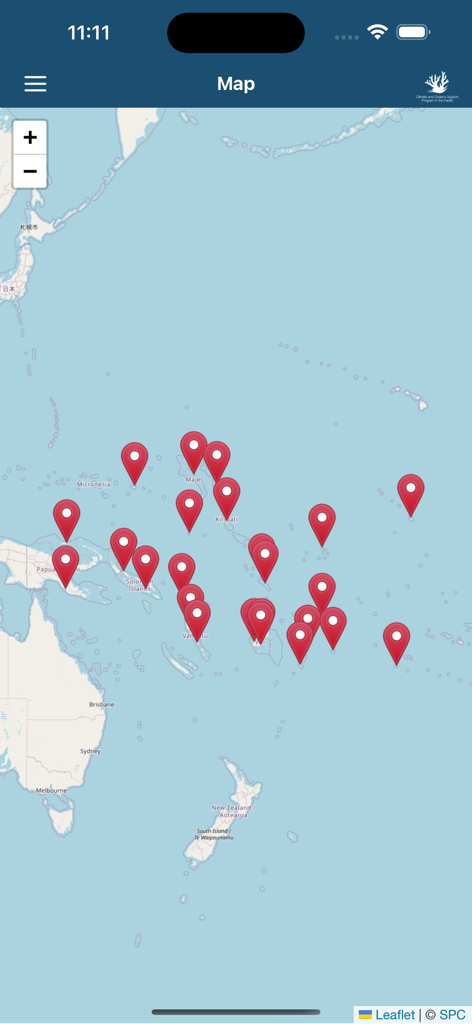 Un mapa del Océano Pacífico que muestra varios pines de ubicación rojos para estaciones de monitoreo de mareas.