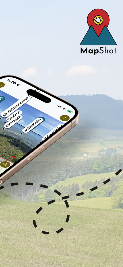 MapShot - Orientation Boards - MapShot app on an iPhone showing labeled viewpoints over a scenic mountain landscape