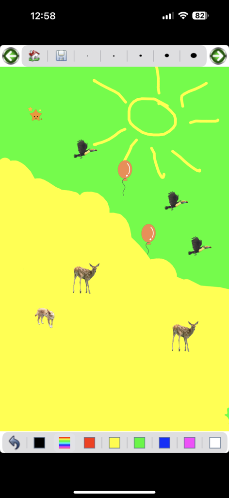 Paint - Interface of a simple drawing app for kids featuring animal stamps and a sun drawing