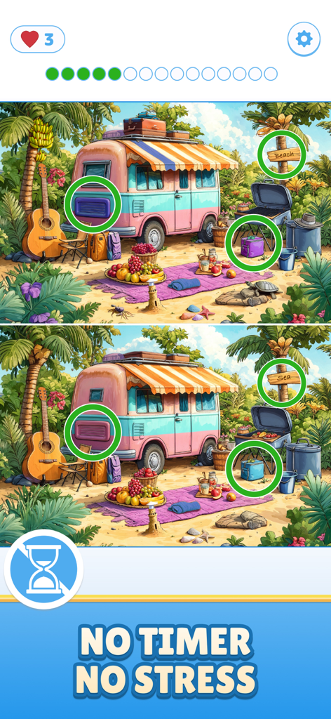 Find Master - Spot Differences - Screenshot di gioco dell'app Find Master che mostra un livello di "trova le differenze" con una scena di campeggio in spiaggia, senza timer e con messaggio di assenza di stress.