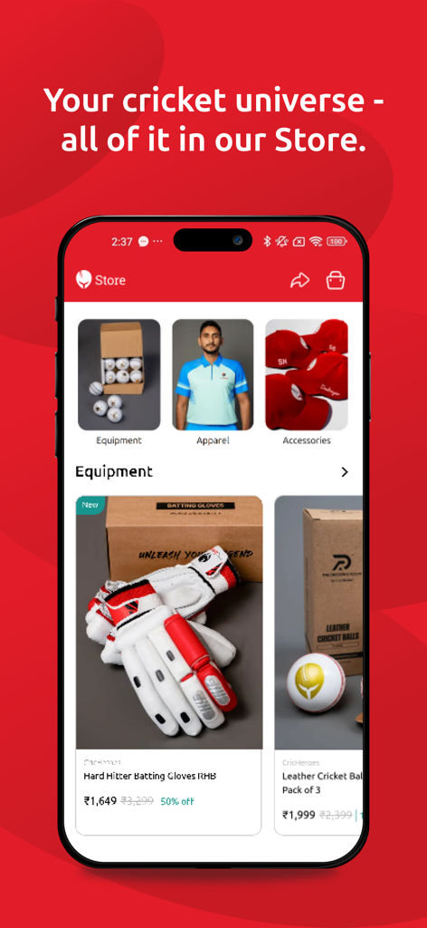 The Store page of the CricHeroes app showing cricket equipment like batting gloves and balls for sale