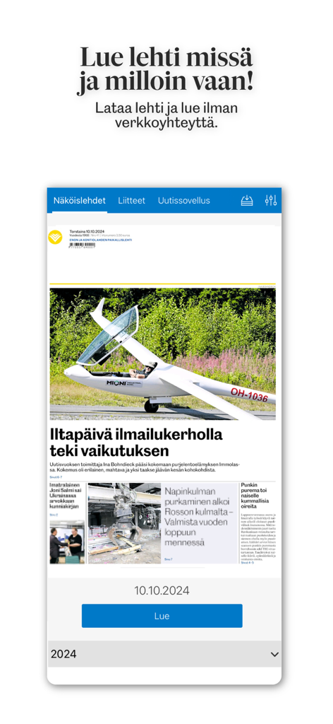 Pielisjokiseutu, päivän lehti - Mobile app screen showing the digital replica of Pielisjokiseutu newspaper with an option to read offline.