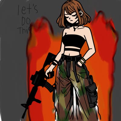 a dangerous girlcrop top and baggy jeans with a rifle in her hand