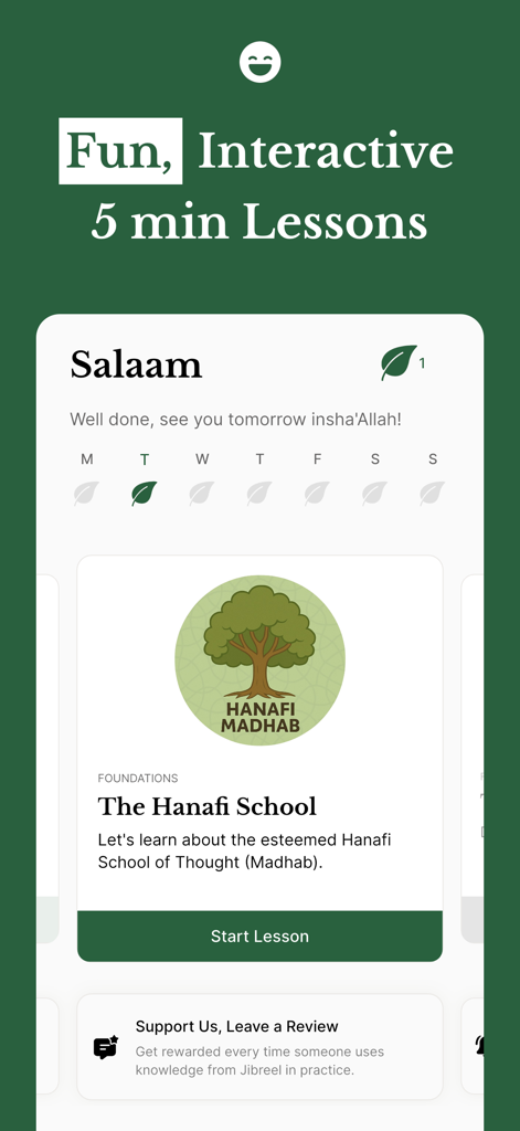 A mobile interface for Jibreel app featuring 5-minute interactive lessons on Islamic foundations like the Hanafi School.