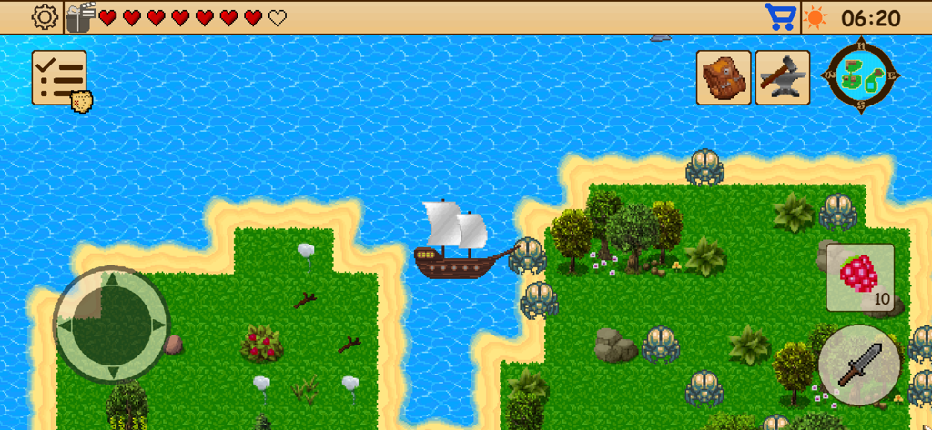 Survival RPG 1: Lost Treasure - Jogabilidade de pixel art em 2D mostrando um navio navegando entre ilhas com monstros e ícones de criação no Survival RPG Tesouro Perdido