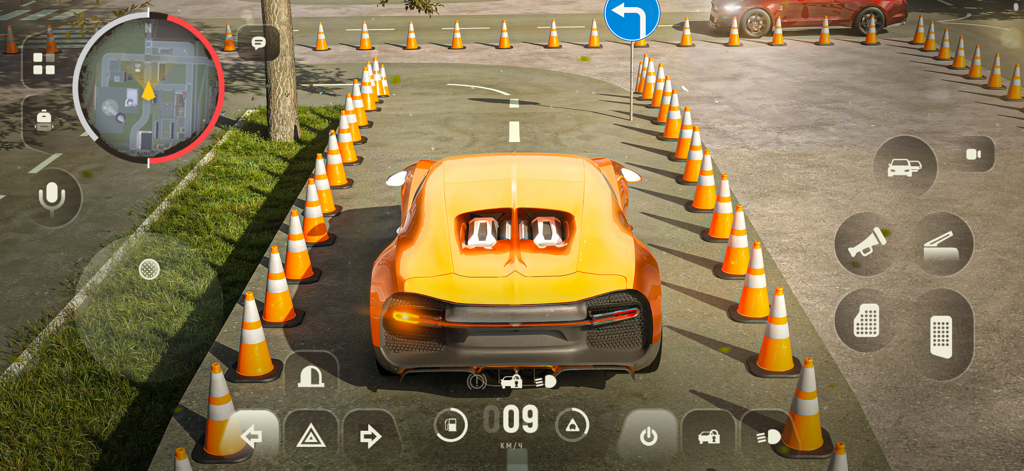 Rear view of an orange sports car navigating through traffic cones in a driving challenge within the Grand Mobile RP game.