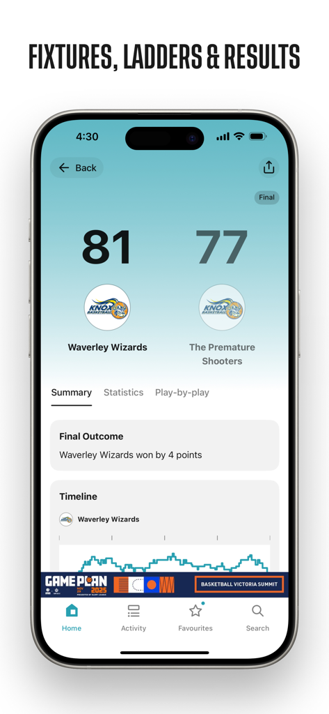 MyHoops mobile app displaying basketball game final score and match summary