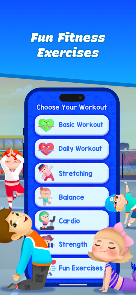 Kids Workout and Fitness App-Bildschirm mit verschiedenen Übungskategorien für Kinder