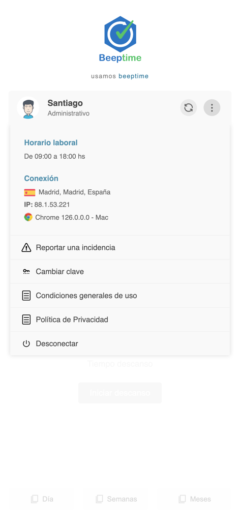 Beep Time - Beep Time mobile app screen showing user profile details including work schedule and connection location