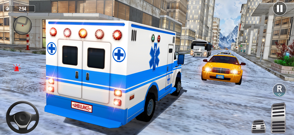 An ambulance driving through city traffic in a 3D rescue simulation game