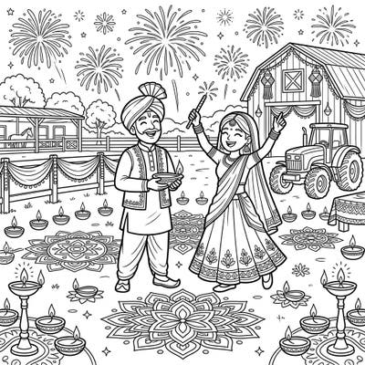 Experience the joy of Diwali with a unique twist! This charming coloring page features a cheerful rancher couple surrounded by traditional festival elements like diyas, rangoli, and dazzling fireworks, all set against a rustic farm backdrop.