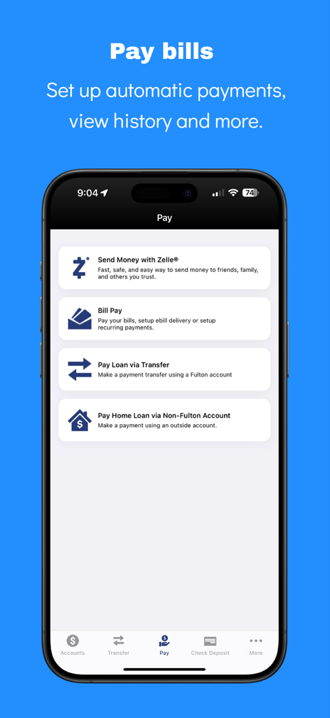A mobile screen from the Fulton Bank app showing various payment options including Bill Pay and Zelle transfers.