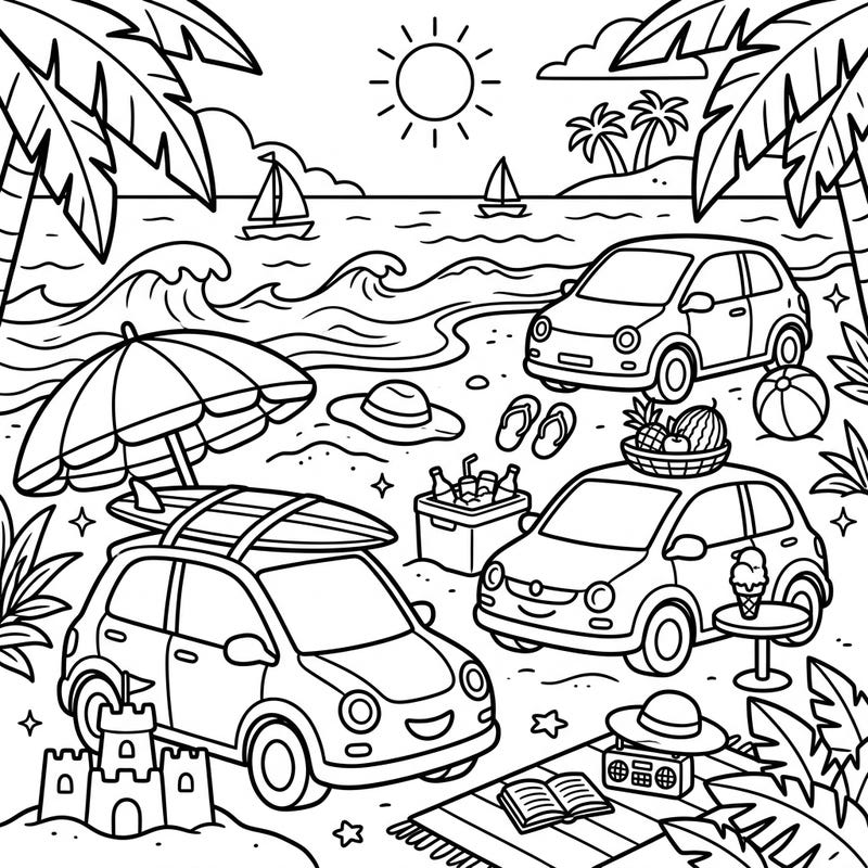 Join these adorable electric cars for an unforgettable summer beach vacation. This delightful coloring page captures the joy of sun, sand, and surf, perfect for a relaxing creative escape.