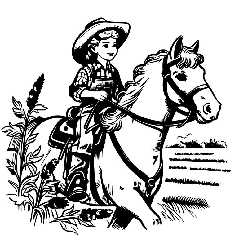 a farmers girl riding a horse, realistic
