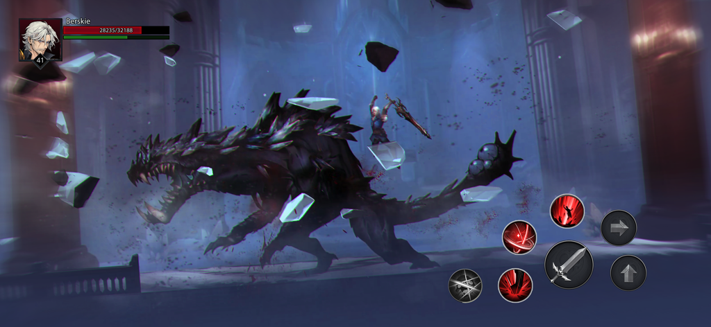 Um personagem herói atacando um monstro sombra massivo em uma masmorra sombria de fantasia