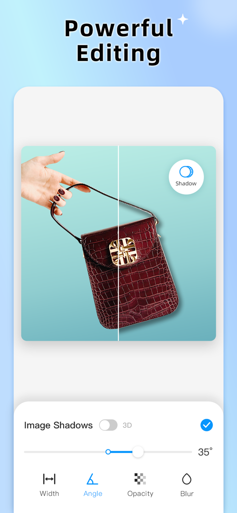 AI Photo Editor - Picsman - Una demostración de las potentes herramientas de edición en Picsman mostrando cómo añadir sombras realistas a una foto de producto de un bolso